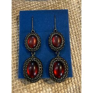 Avon Lovely London Red Cabochon Drop Earrings Bronze Tone Vintage Style 2009